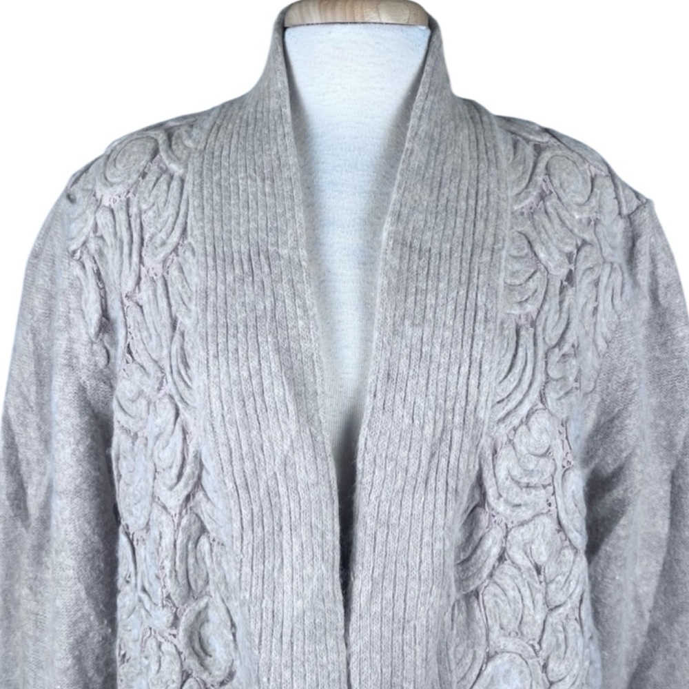Vintage Sweater Coat Lace Knit Womens Large Angora Lambswool Oatmeal Open Luxury